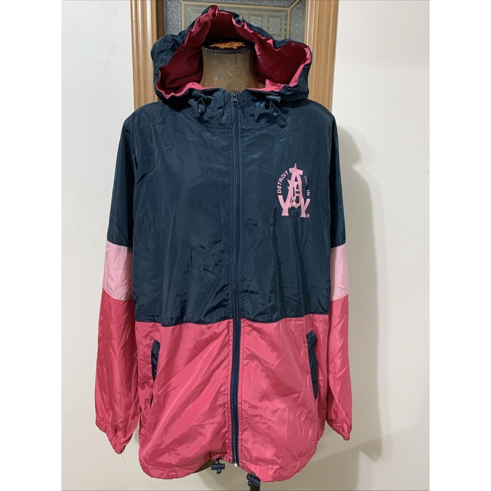 Detroit Windbreaker Jacket Hooded Large Pink Navy Blue Full Zip Athleisure